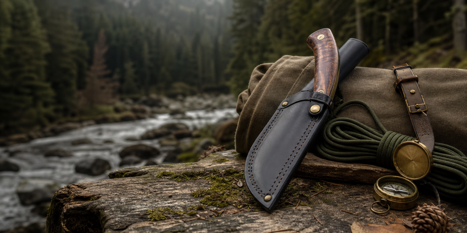 sheathed hunting knife and camping kit in a woodland setting for old-20260827.huntingknife.uk