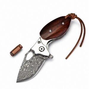 Rosewood Handle Damascus Steel Mini Folding Knife – Keychain EDC Tool