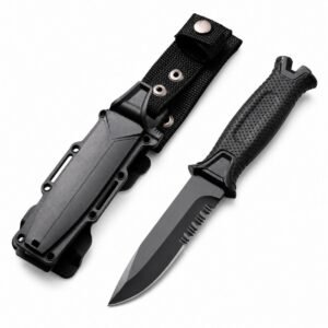 Outdoor Hunting Knife – Fixed Blade with Partial Serration (Black)