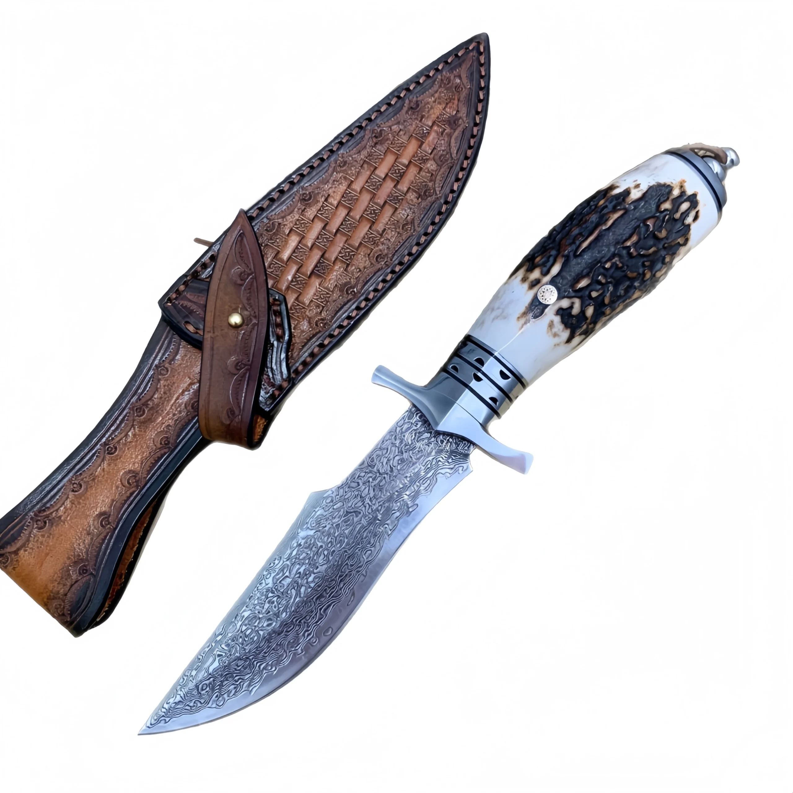 O1CN01BwOh3i22qNF6yENqo_2216496077171-0-cib-scaled-1.webp Bowie straight Damascus knife with antler handle